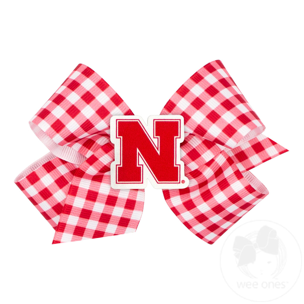 Medium Nebraska Gingham Hair Bow with Logo Patch