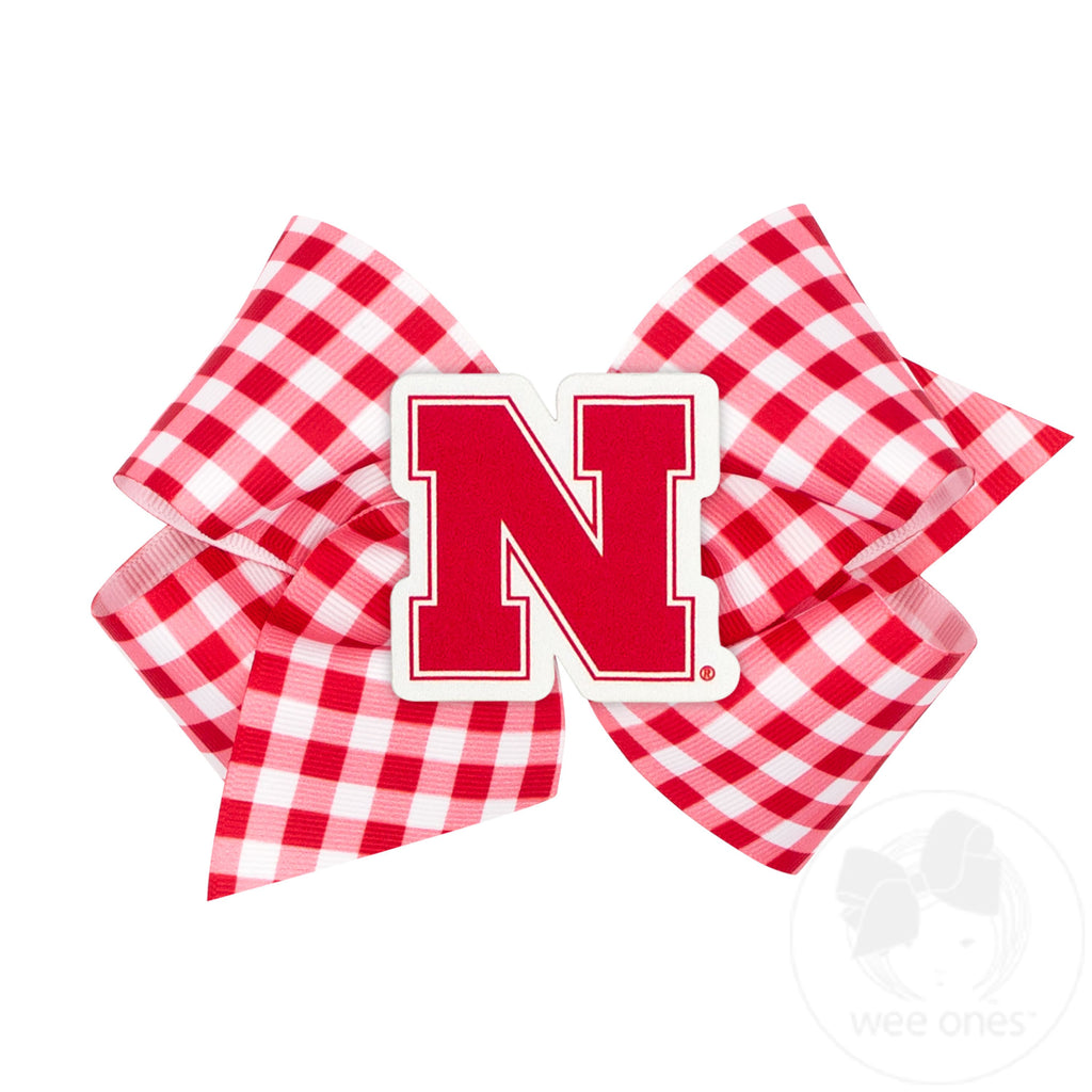 King Nebraska Gingham Hair Bow with Logo Patch