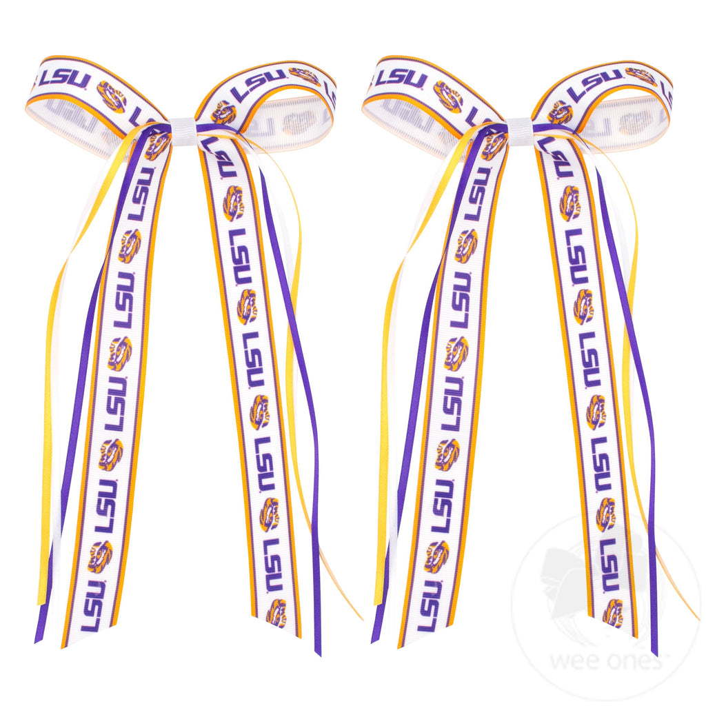 Pair of Louisiana State Logo Ribbon Boot Bows with Streamers