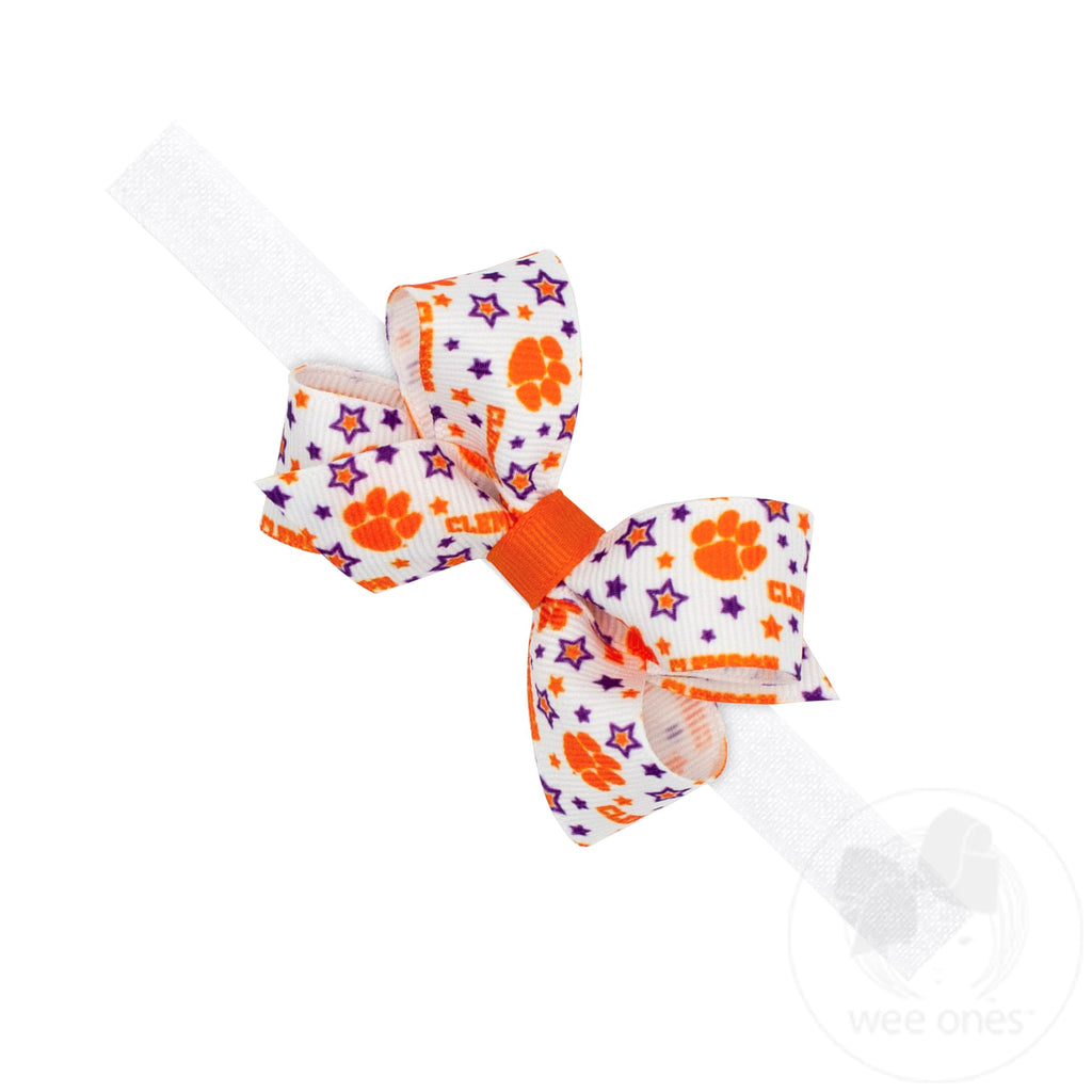 Clemson Mini Logo Print Grosgrain Hair Bow on Elastic Baby Band