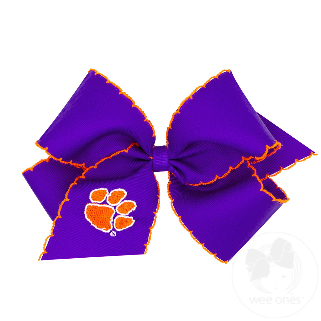 King Grosgrain Hair Bow with Moonstitch Edge and Embroidered Collegiate Logo