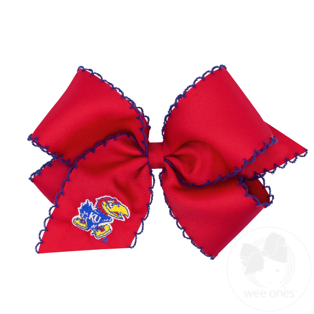 King Grosgrain Hair Bow with Moonstitch Edge and Embroidered Collegiate Logo