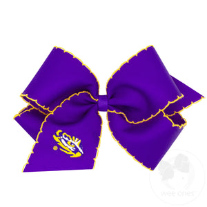 King Grosgrain Hair Bow with Moonstitch Edge and Embroidered Collegiate Logo