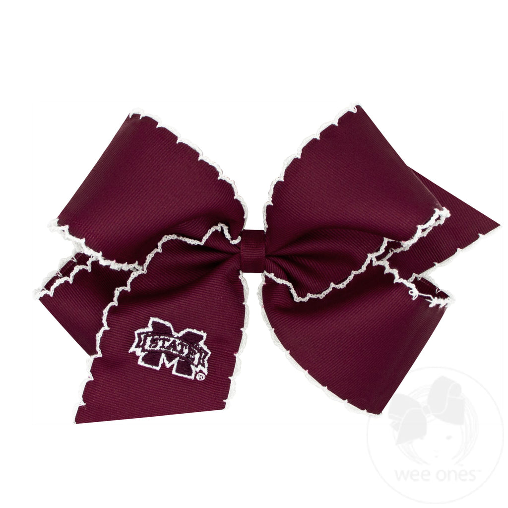 King Grosgrain Hair Bow with Moonstitch Edge and Embroidered Collegiate Logo