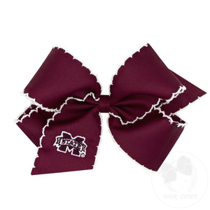 King Grosgrain Hair Bow with Moonstitch Edge and Embroidered Collegiate Logo