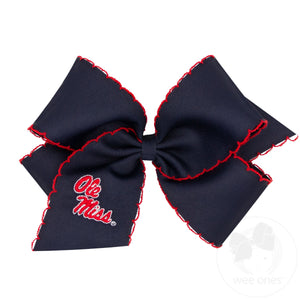 King Grosgrain Hair Bow with Moonstitch Edge and Embroidered Collegiate Logo