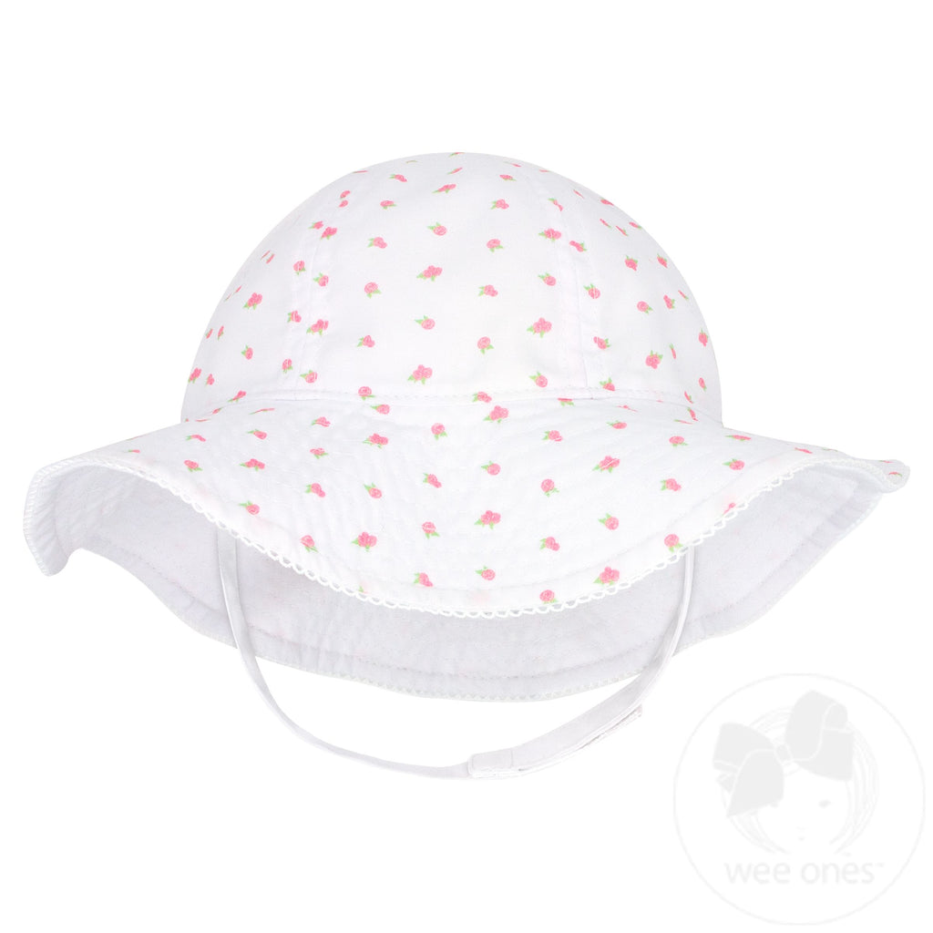 Girls Reversible Moonstitch Brim Sun Hat - White Rosebud Print