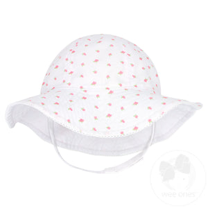 Girls Reversible Moonstitch Brim Sun Hat - White Rosebud Print