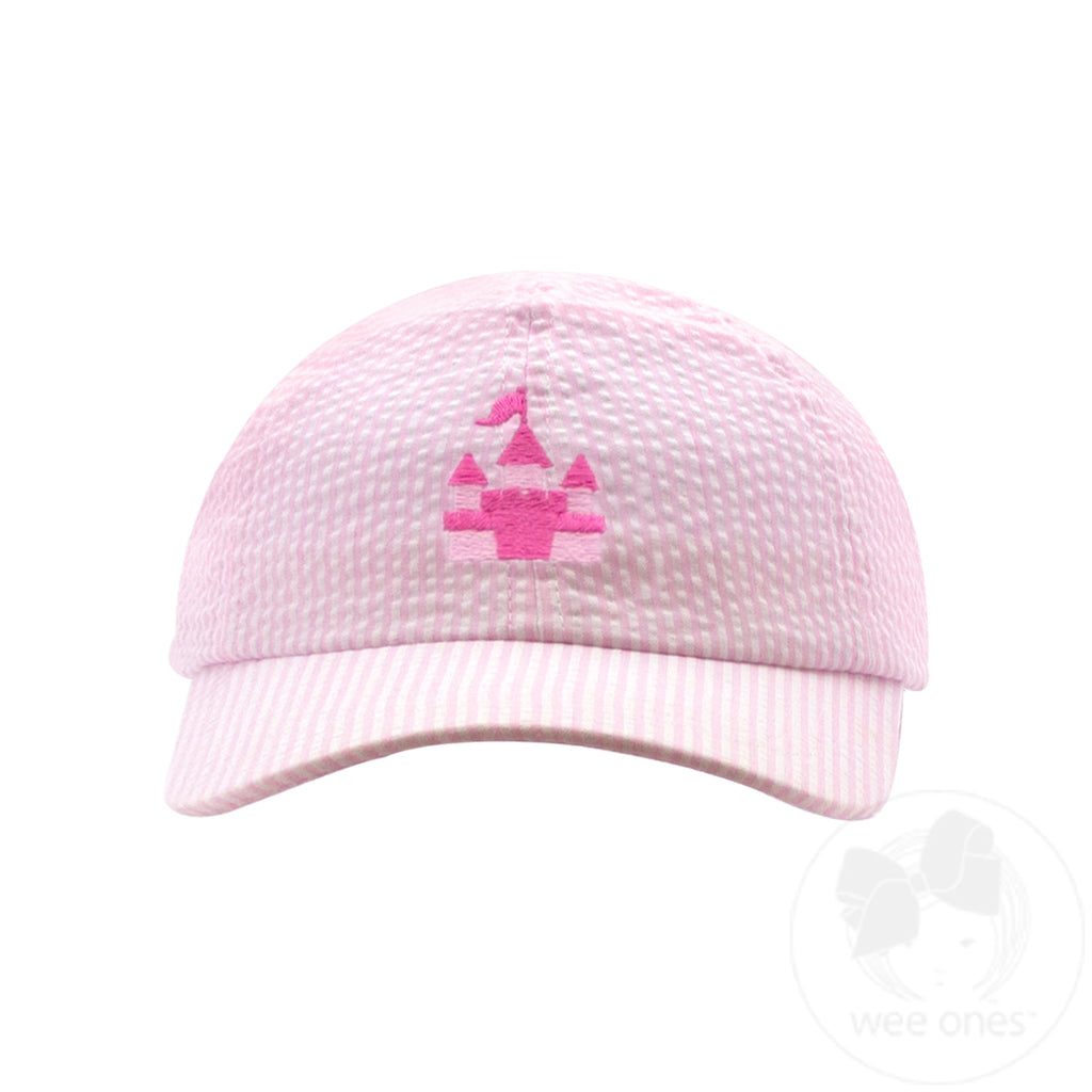 Girls Embroidered Pink Castle Seersucker Ball Cap