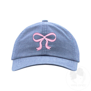 Girls Embroidered Pink Bow Chambray Cotton Twill Ball Cap