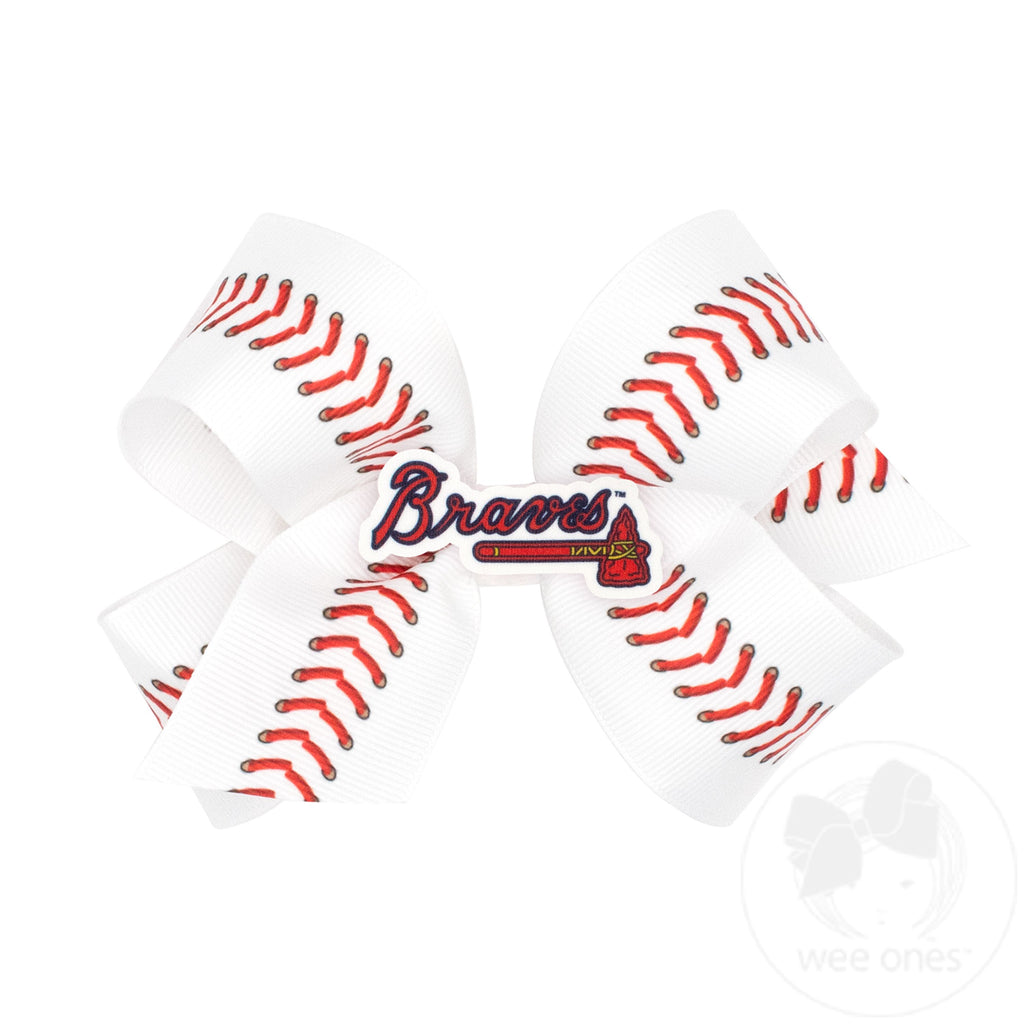 Medium Atlanta Braves Baseball Stitch Print Hair Bow with Badge