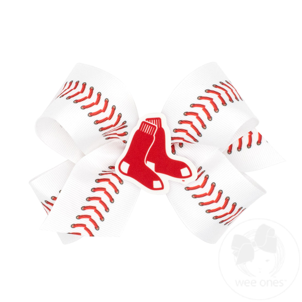 Medium Boston Red Sox Baseball Stitch Print Hair Bow with Badge