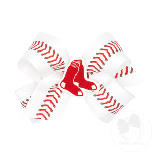Medium Boston Red Sox Baseball Stitch Print Hair Bow with Badge