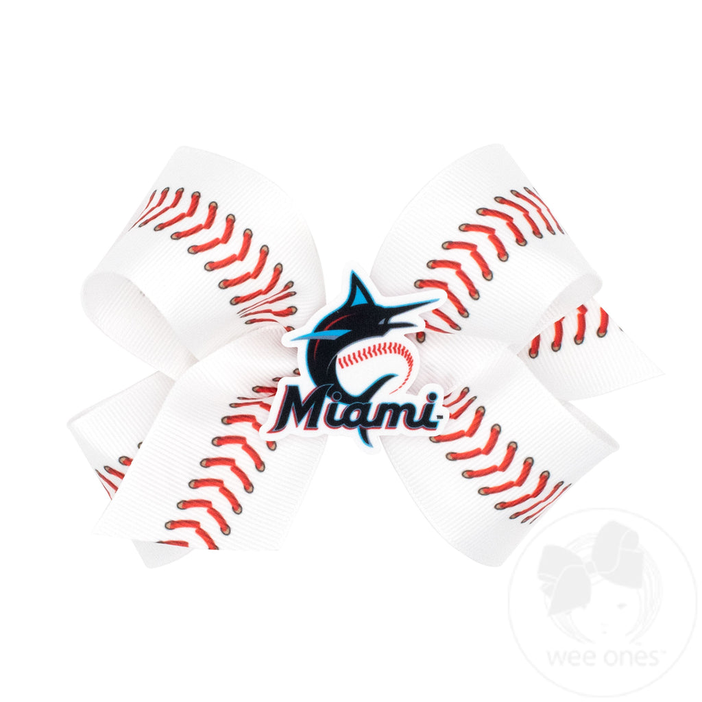 Medium Miami Marlins Baseball Stitch Print Hair Bow with Badge