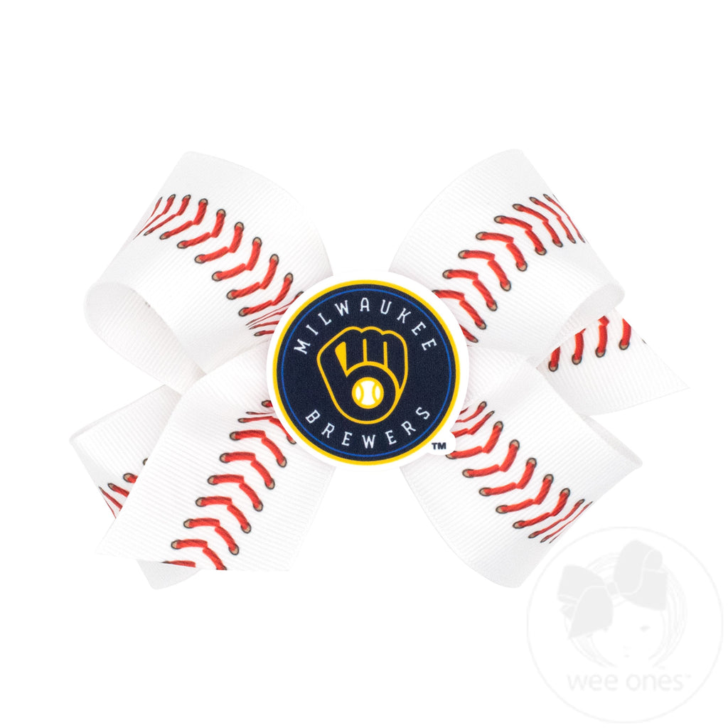Medium Milwaukee Brewers Baseball Stitch Print Hair Bow with Badge