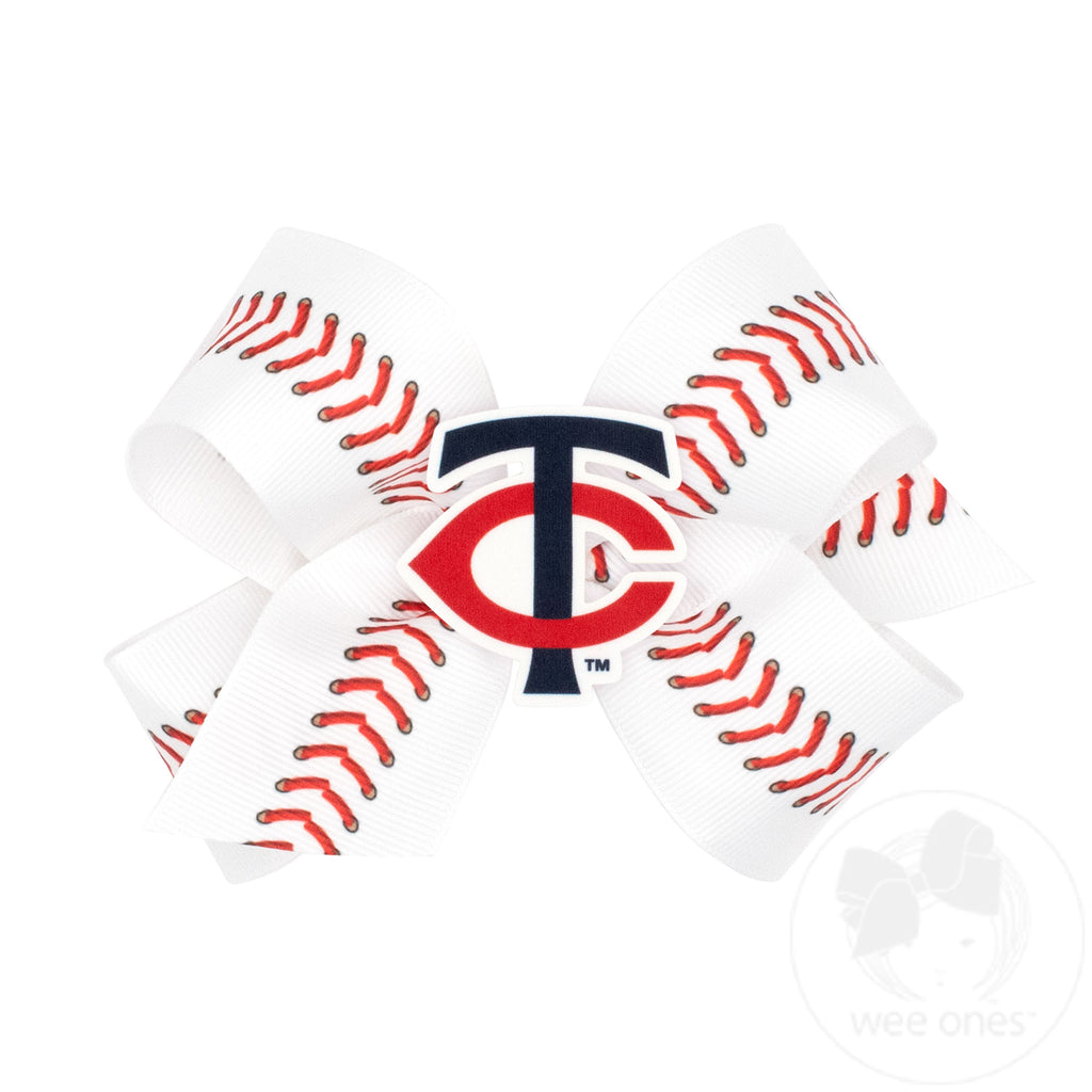Medium Minnesota Twins Baseball Stitch Print Hair Bow with Badge