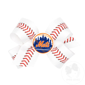 Medium New York Mets Baseball Stitch Print Hair Bow with Badge