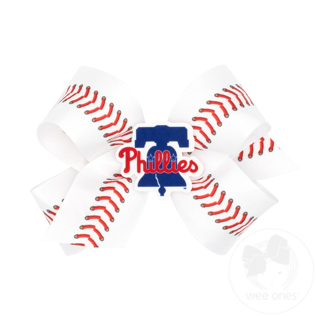 Medium Philadelphia Phillies Baseball Stitch Print Hair Bow with Badge