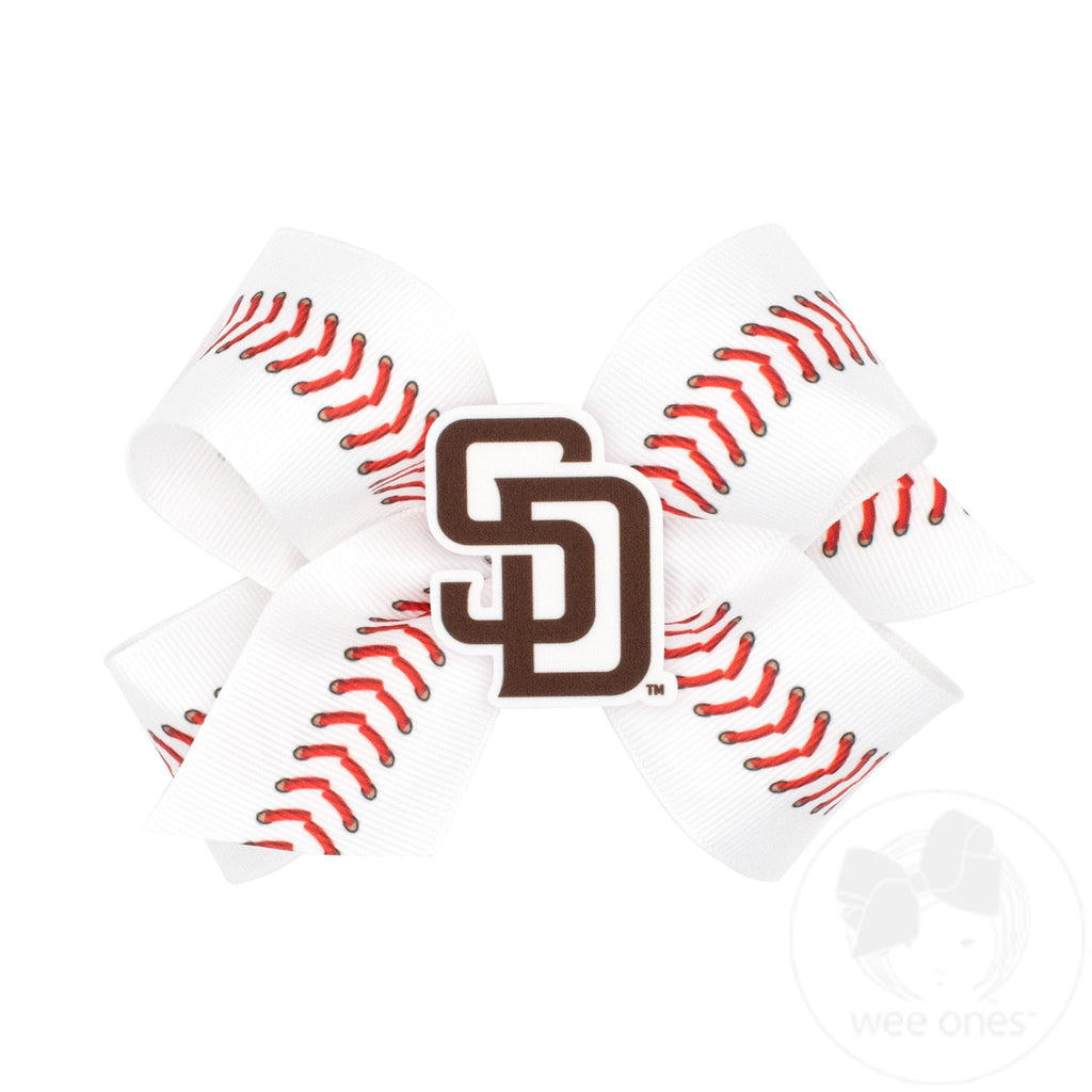 Medium San Diego Padres Baseball Stitch Print Hair Bow with Badge