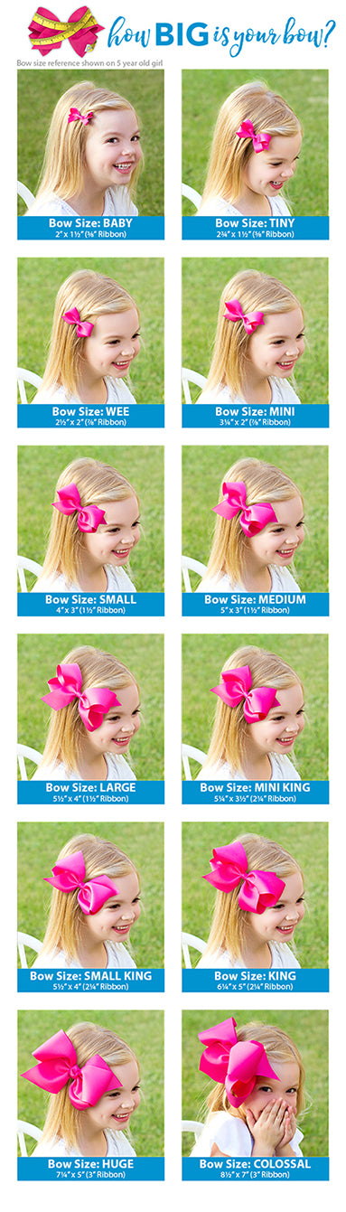 Individual photos of a small girl wearing a pink bowing, each depicting a size on the size chart