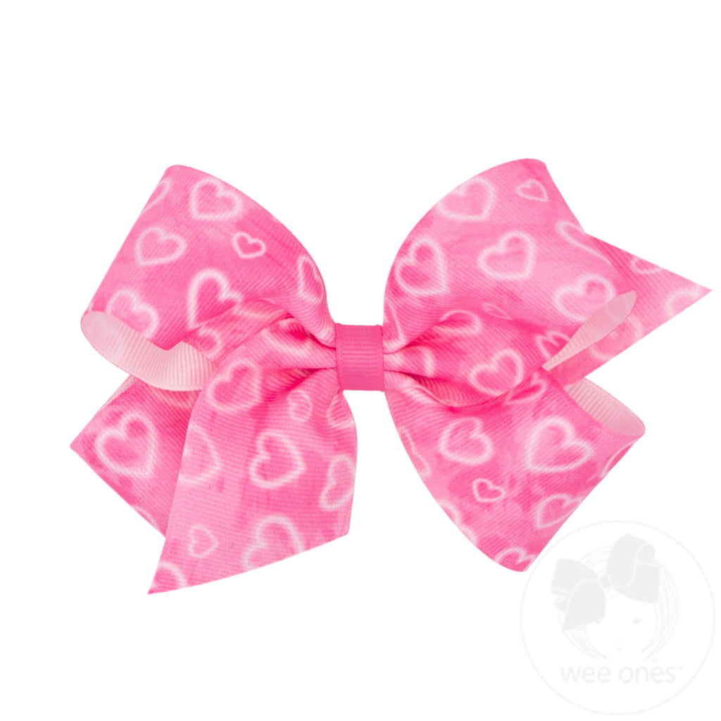 Medium Pink Valentine Heart Print Grosgrain Girls Hair Bow