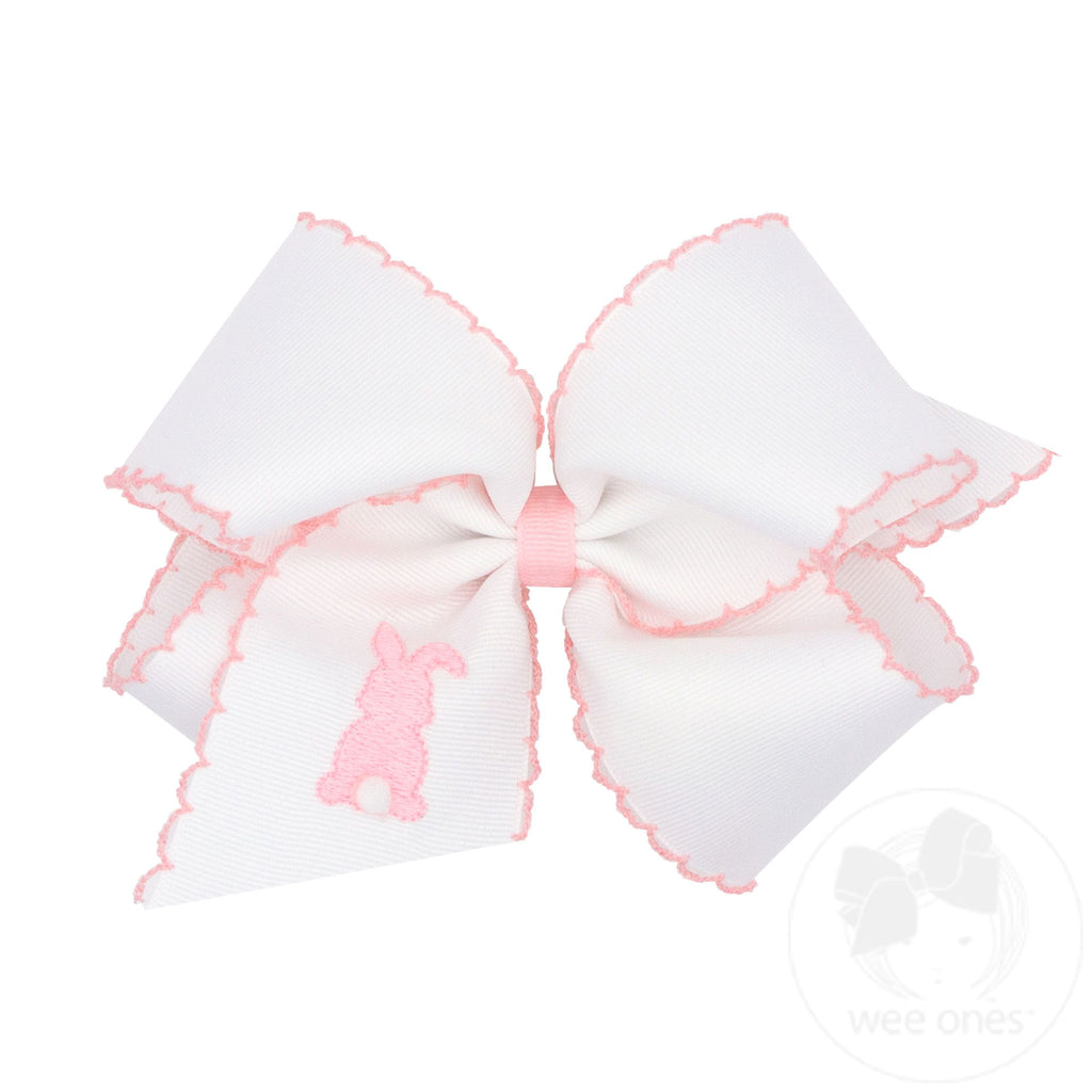 King White Grosgrain Girls Hair Bow with Moonstitch Edge and Easter Embroidery