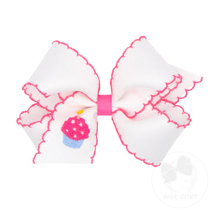 Medium Grosgrain Hair Bow with Moonstitch Edge and Birthday Girl Balloon, Present or Cupcake Embroidery