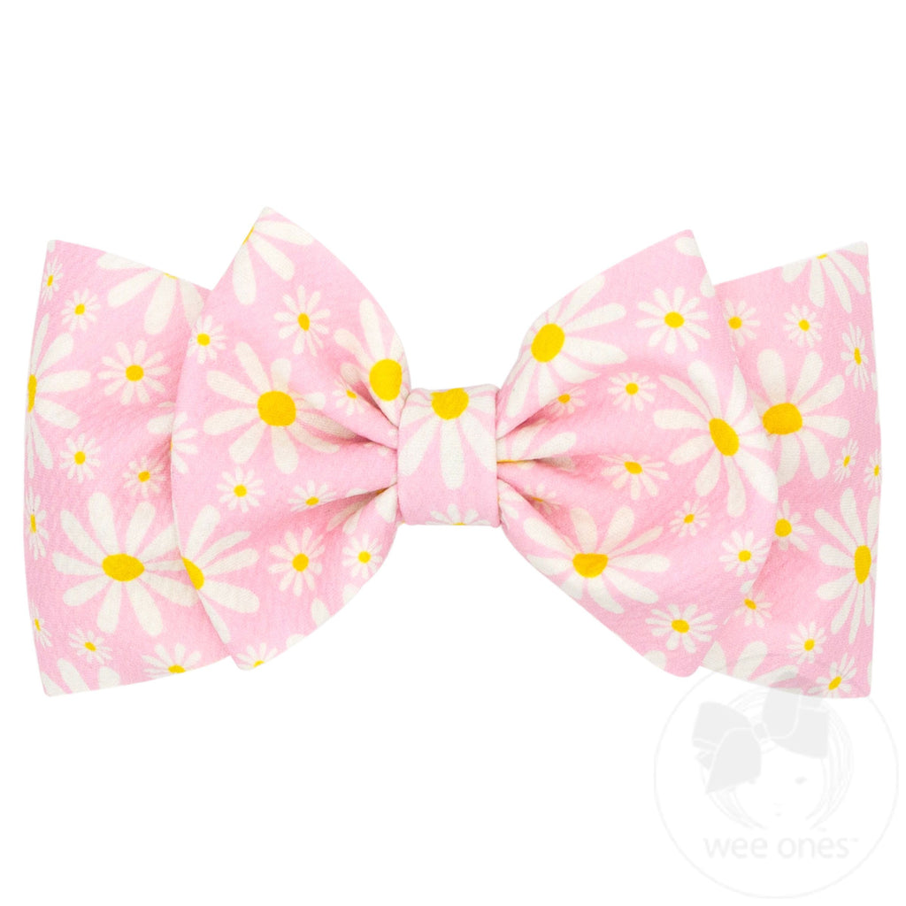 Soft Printed Pink Daisy Rippled-Textured Wide Girls Baby Band with Large Matching Bowtie