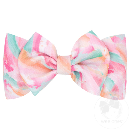 Soft Printed Multi Watercolor Rippled-Textured Wide Girls Baby Band with Large Matching Bowtie