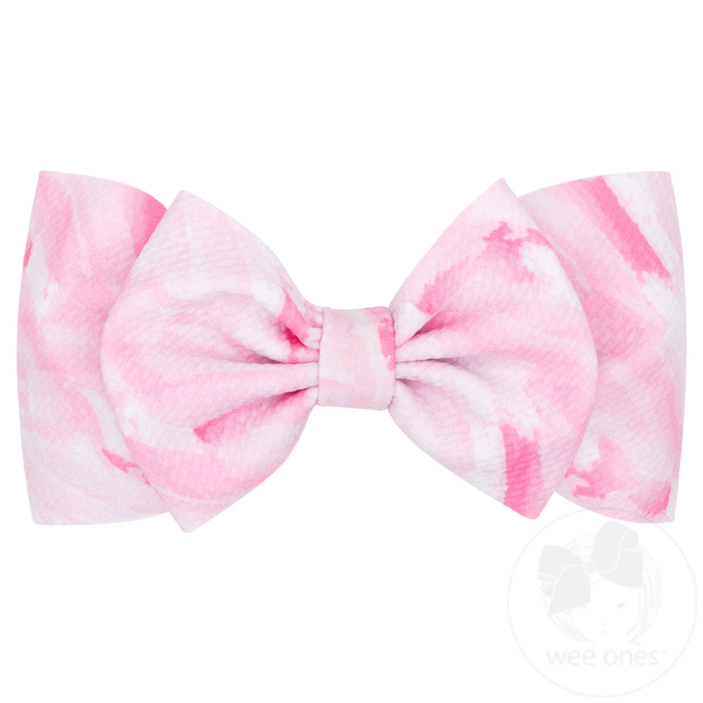 Soft Printed Pink Watercolor Rippled-Textured Wide Girls Baby Band with Large Matching Bowtie