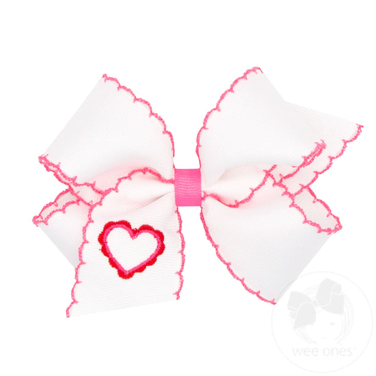 Medium Grosgrain Hair Bow with Embroidered Heart and Moonstitch Edges