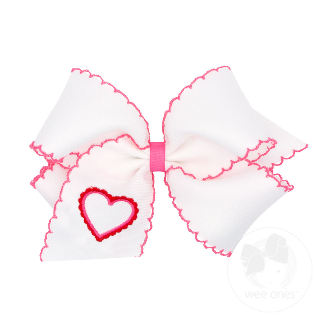 King Size Grosgrain Moonstitch Girls Hair Bow with Embroidered Heart
