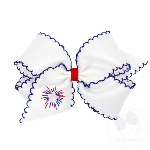 King White Grosgrain Bow with Royal Moonstitch Edge and Embroidery on the Tail