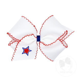 King White Grosgrain Bow with Royal Moonstitch Edge and Embroidery on the Tail