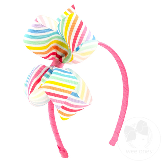 Medium Colorful Birthday Themed Party Patterned Grosgrain Girls Hair Bow On A Matching Headband