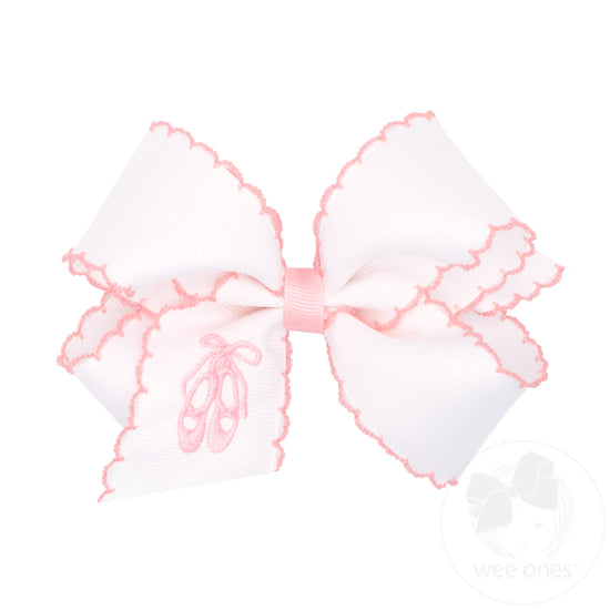 Medium Grosgrain Hair Bow with Pink Moonstitch Edge and Ballet Slippers Embroidery