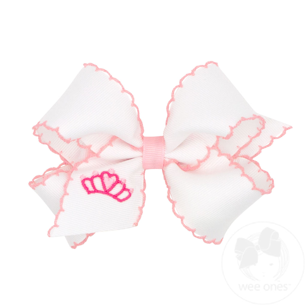 Medium Grosgrain Hair Bow with Pink Moonstitch Edge and Crown Embroidery