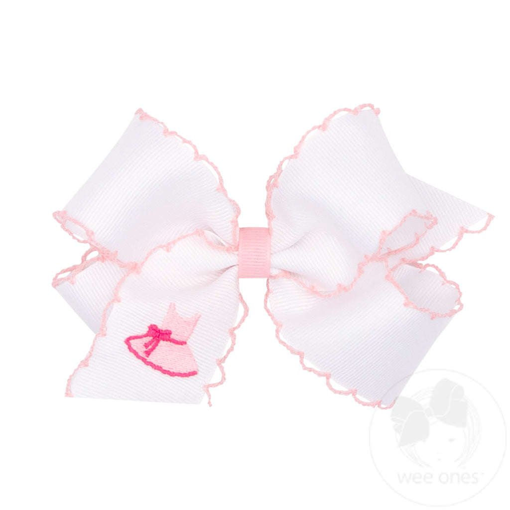 Medium Grosgrain Hair Bow with Pink Moonstitch Edge and Dress Embroidery