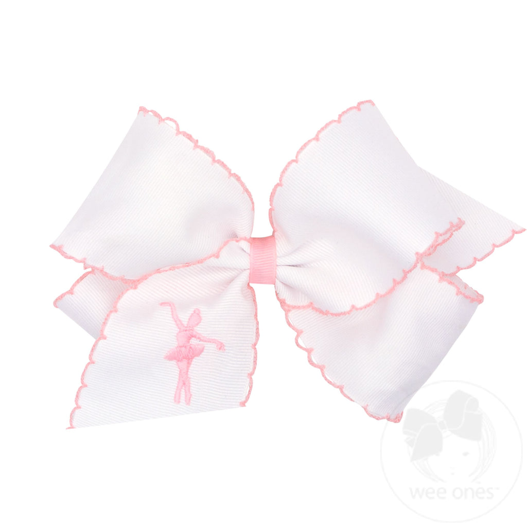 King Grosgrain Hair Bow with Pink Moonstitch Edge and Ballerina Dress Embroidery