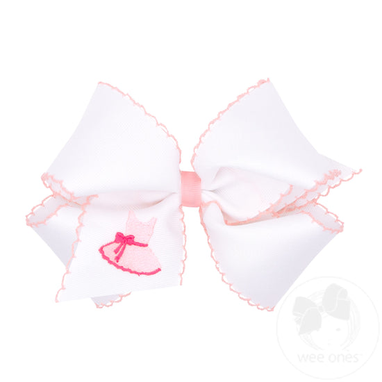 King Grosgrain Hair Bow with Pink Moonstitch Edge and Ballerina Dress Embroidery