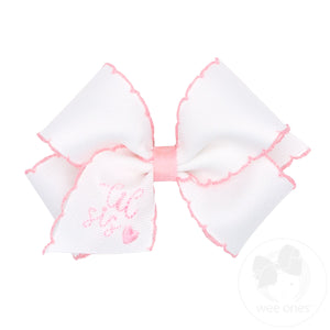 Small Grosgrain Hair Bow with Light Pink Moonstitch Edge and Embroidered Sister Status