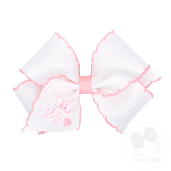 Small Grosgrain Hair Bow with Light Pink Moonstitch Edge and Embroidered Sister Status
