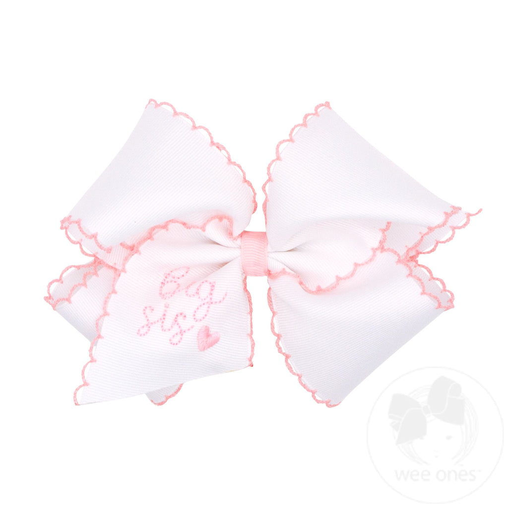Small King Girls Hair Bow with Moonstitch Trim and Big Sis Embroidered On The Tail