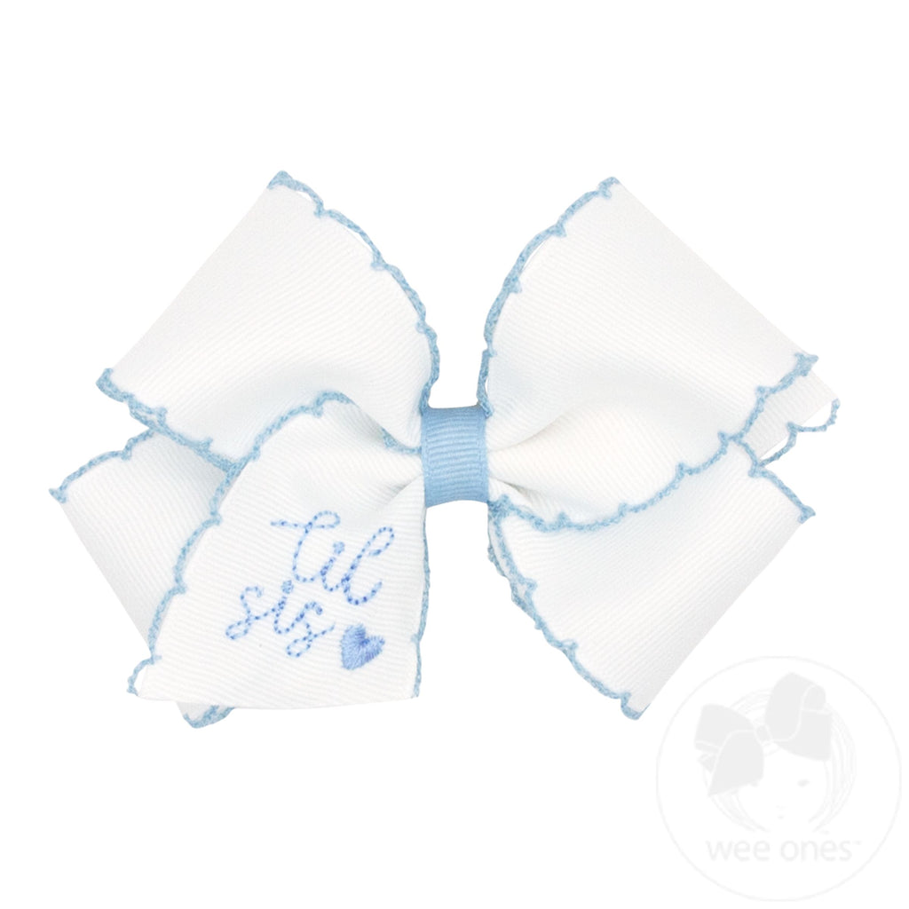 Small Grosgrain Moonstitch Girls Hair Bow with Embroidered LIL Sister Status