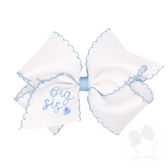 Small King Girls Hair Bow with Moonstitch Trim and Big Sis Embroidered On The Tail