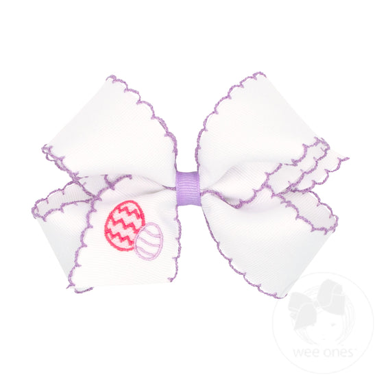 Medium White Grosgrain Girls Hair Bow with Moonstitch Edge and Easter Embroidery