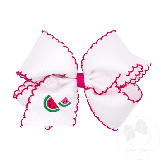 King Grosgrain Hair Bow with Moonstitch Edge and Summer-themed Embroidery