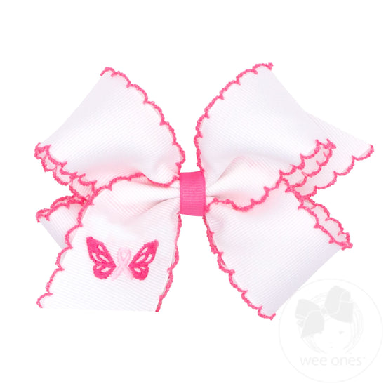 Think Pink! Medium Grosgrain Hair Bow with Pink Moonstitch Edges and Embroidered Butterfly