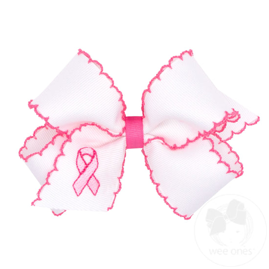 Think Pink! Medium Grosgrain Hair Bow with Pink Moonstitch Edges and Embroidered Breast Cancer Ribbon