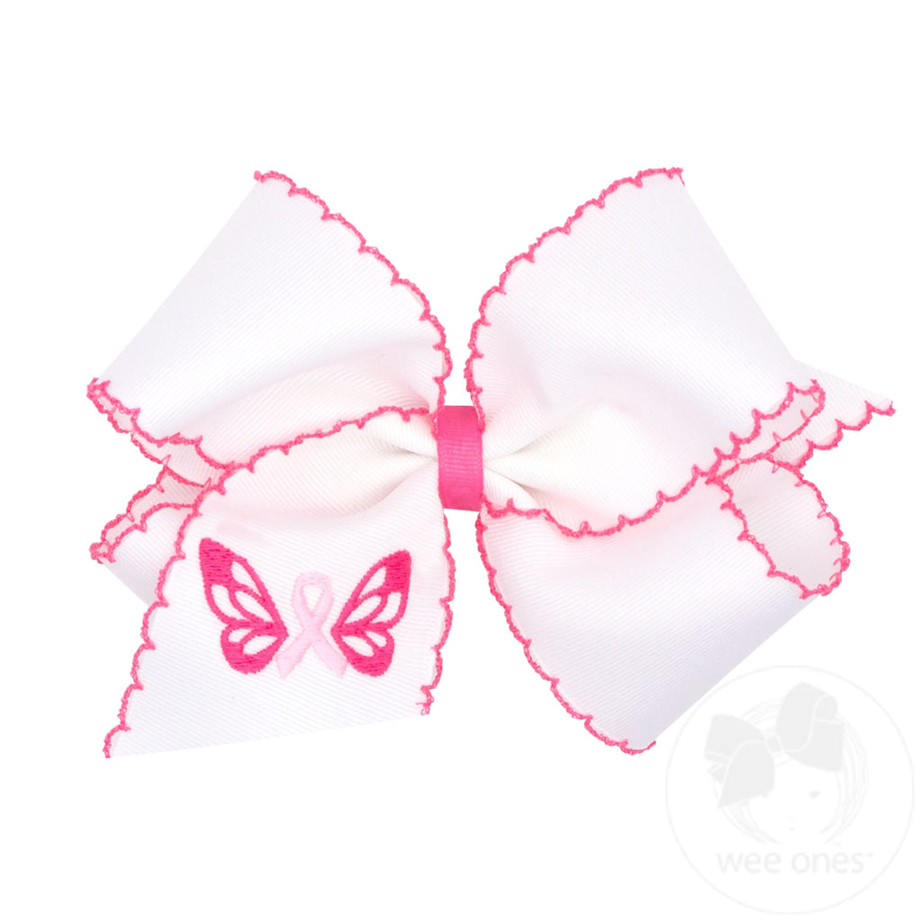 Think Pink! King Grosgrain Hair Bow with Pink Moonstitch Edges and Embroidered Butterfly